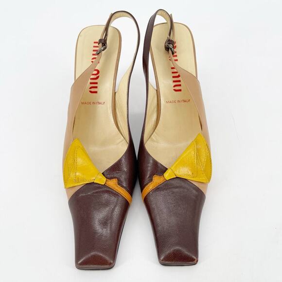 Miu Miu Vintage Tan Brown Yellow Flower Detail Square Toe Slingback Heel IT 40 - Picture 5 of 12